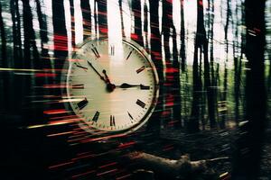 a blurry photo of a clock in the woods generative ai