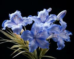 a bouquet of blue flowers on a black background generative ai photo