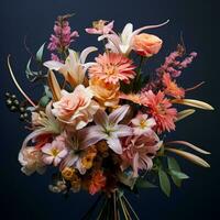 un ramo de flores de flores en un florero en un oscuro antecedentes generativo ai foto
