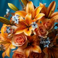 a bouquet of orange and blue flowers generative ai photo