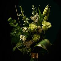 un ramo de flores de verde y blanco flores en un negro antecedentes generativo ai foto