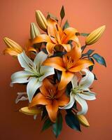 a bouquet of orange and white lilies on an orange background generative ai photo