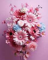 a bouquet of pink and blue flowers on a pink background generative ai photo