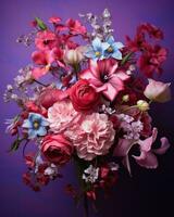 un ramo de flores de rosado y azul flores en un púrpura antecedentes generativo ai foto