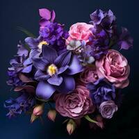 a bouquet of purple and pink flowers on a dark background generative ai photo