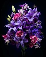 a bouquet of purple and pink flowers on a black background generative ai photo