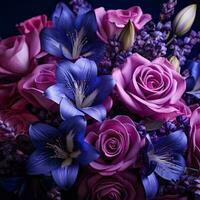 a bouquet of purple and pink flowers on a dark background generative ai photo