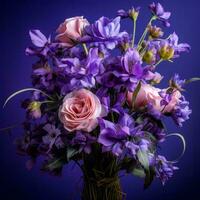 a bouquet of purple and pink flowers on a blue background generative ai photo
