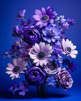 a bouquet of purple and white flowers on a blue background generative ai photo
