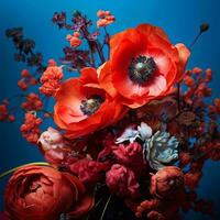 a bouquet of red and orange flowers on a blue background generative ai photo