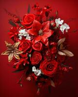 un ramo de flores de rojo flores en un rojo antecedentes generativo ai foto