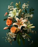 a bouquet of white and orange flowers on a green background generative ai photo