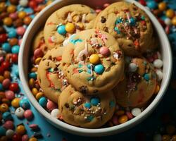a bowl full of cookies with colorful sprinkles generative ai photo