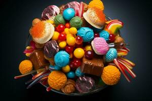 a bowl full of colorful candies on a black background generative ai photo