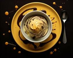 a bowl of ice cream with chocolate sauce on top generative ai photo