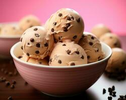 a bowl of ice cream with chocolate chips in it generative ai photo