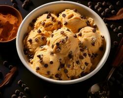 a bowl of ice cream with chocolate chips in it generative ai photo