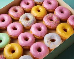 a box full of donuts with different colors and sprinkles generative ai photo