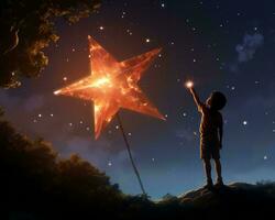 a boy holding a star in the night sky generative ai photo