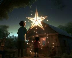 a boy and girl are standing in front of a house with a star on top of it generative ai photo
