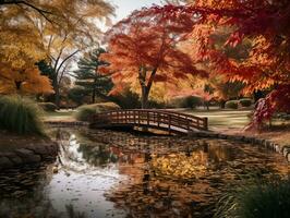 a bridge over a pond surrounded by colorful trees generative ai photo