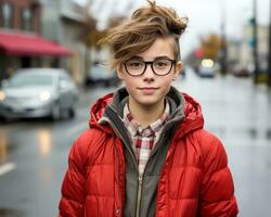 un chico vistiendo lentes y un rojo chaqueta en un lluvioso día generativo ai foto