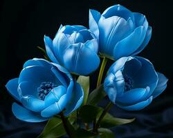 un manojo de azul flores en un florero generativo ai foto