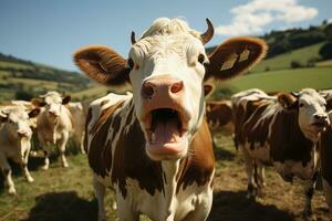 un marrón y blanco vaca con sus boca abierto generativo ai foto