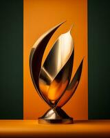 un bronce trofeo en un naranja y verde antecedentes generativo ai foto