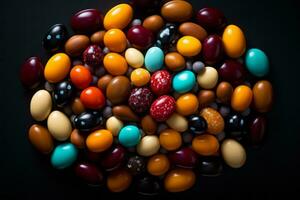 a bunch of colorful candy beans on a black background generative ai photo