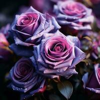 a bunch of purple roses with water droplets on them generative ai photo