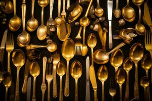 a bunch of gold spoons and forks on a black background generative ai photo