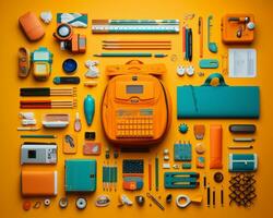 a bunch of school supplies arranged on a yellow background generative ai photo