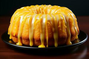 un bundt pastel en un negro plato generativo ai foto