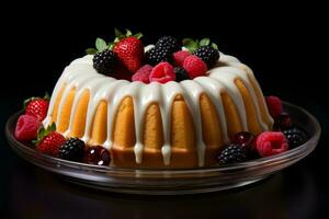 un bundt pastel con bayas y crema en un negro antecedentes generativo ai foto