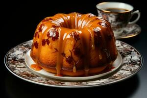 a bundt cake on a plate with a cup of coffee generative ai photo