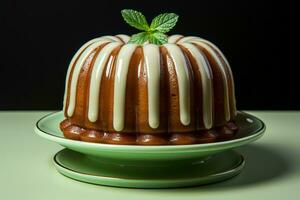 a bundt cake sits on a green plate generative ai photo