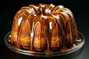 a bundt cake with caramel drizzle on top generative ai photo