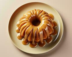 a bundt cake with caramel sauce on a plate generative ai photo