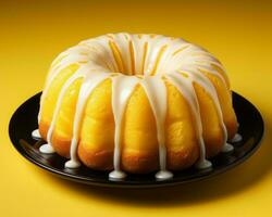 un bundt pastel con Formación de hielo en un negro plato generativo ai foto