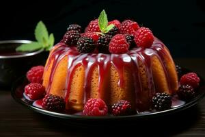 a bundt cake with berries on a black plate generative ai photo