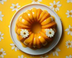 a bundt cake on a white plate with daisies on a yellow background generative ai photo