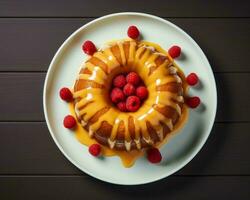 un bundt pastel con frambuesas en parte superior de un blanco plato generativo ai foto