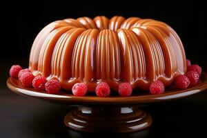 a bundt cake with raspberries on a plate generative ai photo
