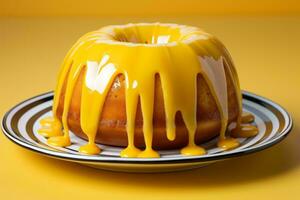 a bundt cake with yellow icing on a black and white plate generative ai photo