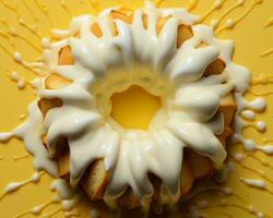 un bundt pastel con blanco Formación de hielo en un amarillo antecedentes generativo ai foto