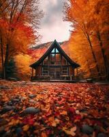 un cabina en el bosque rodeado por otoño hojas generativo ai foto