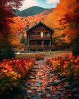 un cabina rodeado por otoño follaje en el montañas generativo ai foto