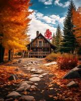 un cabina en el bosque rodeado por otoño follaje generativo ai foto