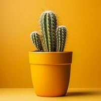 un cactus planta en un amarillo maceta en un naranja antecedentes generativo ai foto